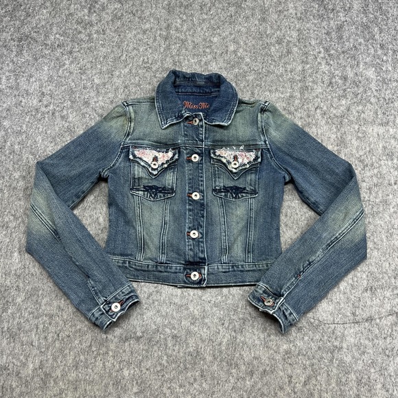 Miss Me Denim Jacket Womens Medium Blue JJ5051 RENO Cropped Western Embroidered